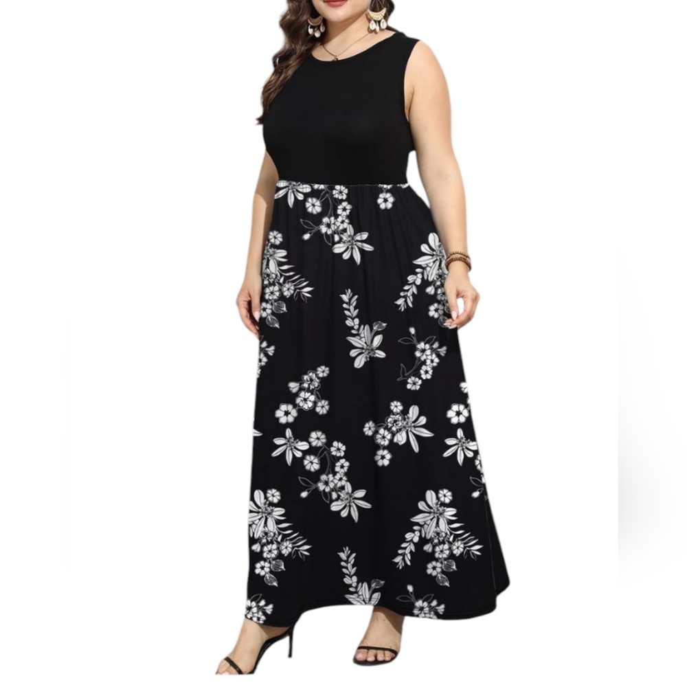 🆕 Women's PLUS SIZE Black Maxi Dress With Black & White Floral Skirt & Pockets